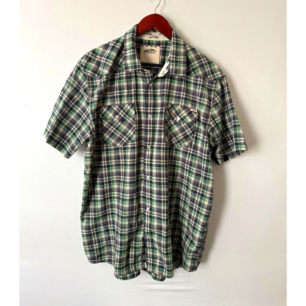 VANS Off The Wall Mens XL Green Gray Plaid Short Sleeve Button-Up Shirt Pockets